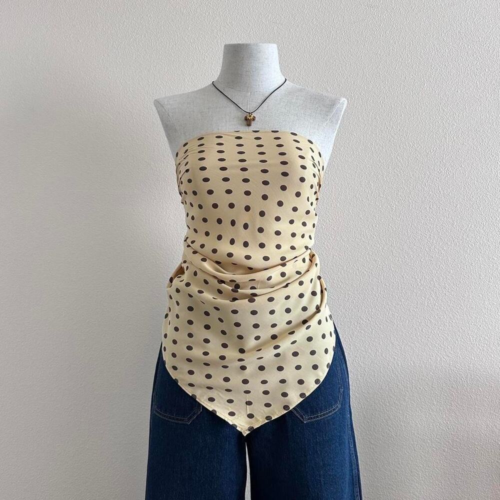beige and brown polka dot strapless top
